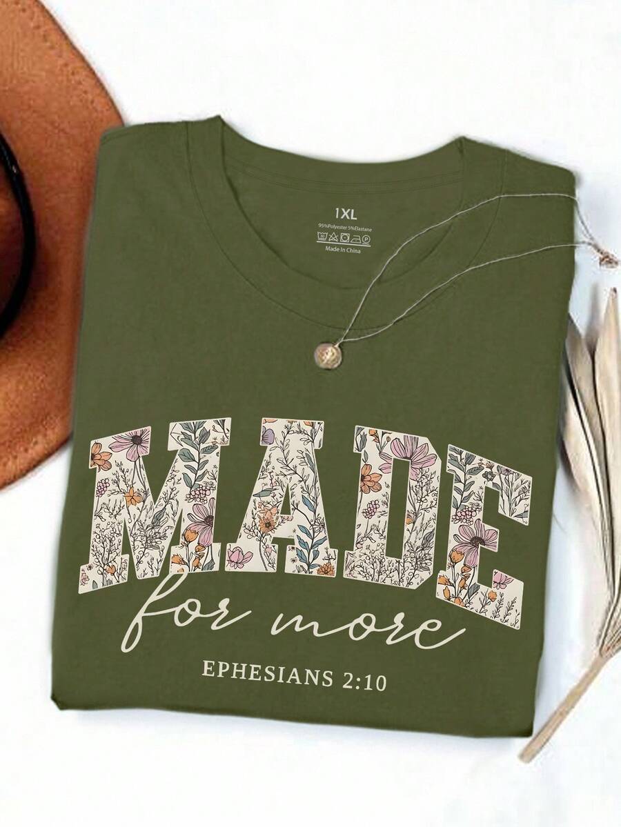 EMERY ROSE Plus Size Women's Slogan Lettering Casual Round Neck T-Shirt - Army Green - View 1