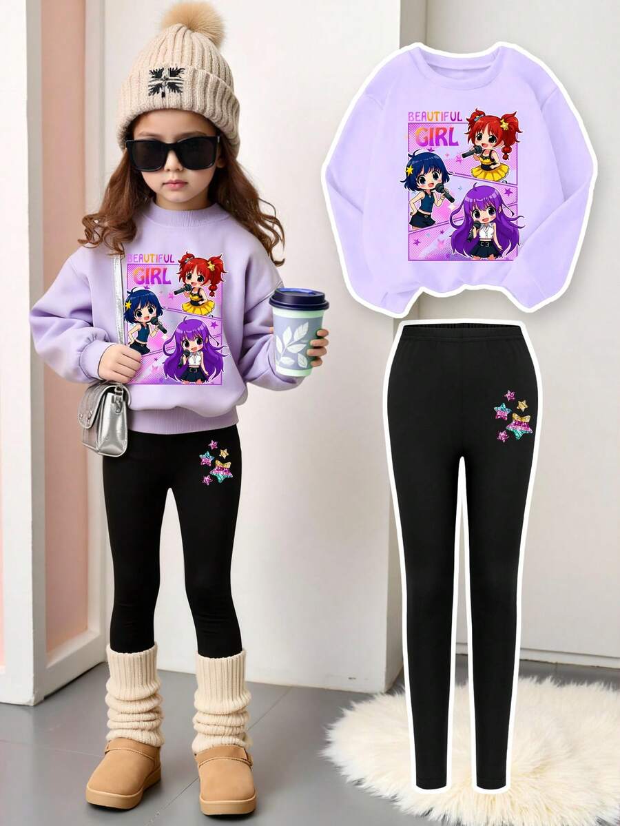 Cozy Fall & Winter Styles, Young Girl Casual Fashion Creative Personalized Fresh Cundy Virtual Girl Group Character Glitter Pentagram Logo Letter Graphic Print Relaxed Crew Neck Sweatshirt And Flared Pants Set, Comfortable Outfit - Multicolor - View 1