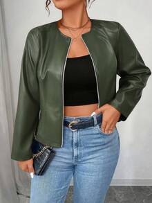 SHEIN PETITE CURVE Áo khoác da PU cổ điển đa năng cỡ lớn dành cho nữ, dòng Petite - Màu xanh Ô liu - Xem 6