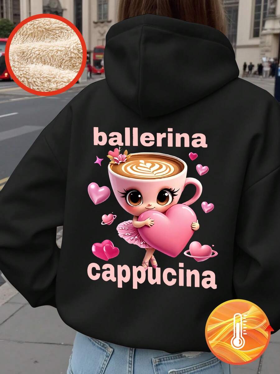 SHEIN 一件少女休闲简约风卫衣,适合秋季穿着,可爱芭蕾舞女孩手捧爱心咖啡印花宽松长袖卫衣,适合上学、休闲活动、秋冬季节和圣诞节穿着。 - 黑色 - 查看 1