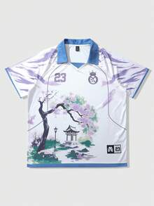 ROMWE MEN Prep 男士 Polo 衫，休闲运动，樱花英文文字图形印花短袖 Polo 衫 - 紫色 - 查看 7