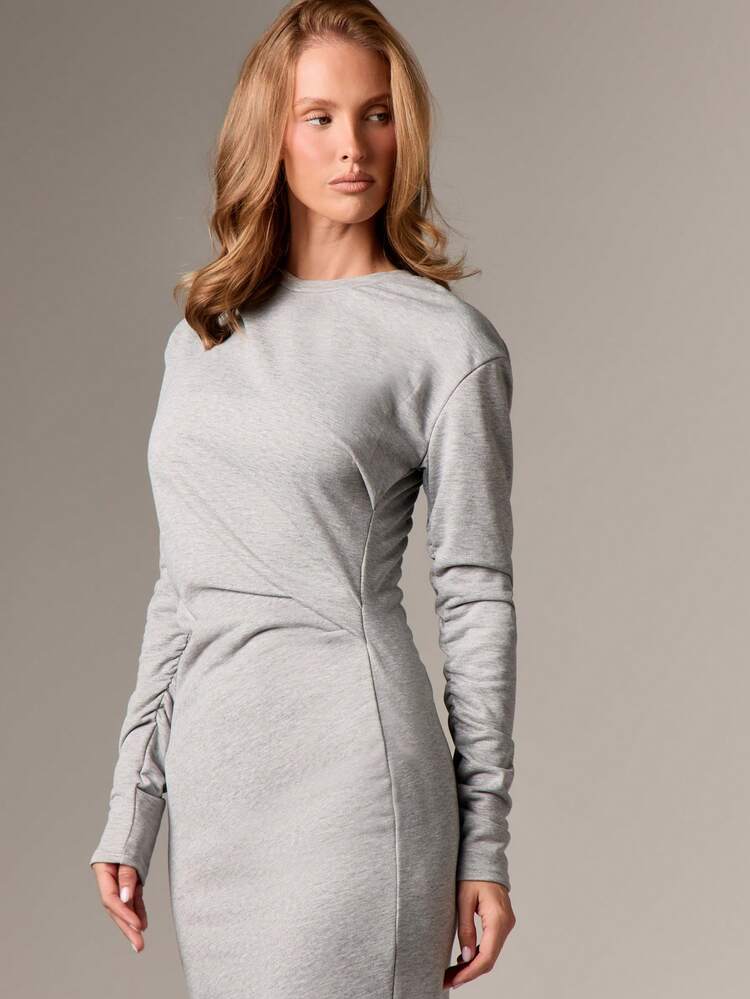 AiiRZ 長袖クルーネックボディコンマキシドレス、ウエストにタックデザイン、イブニングシーンに