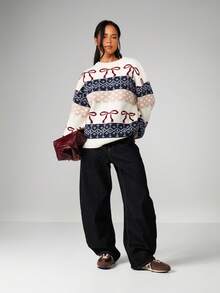 MISSGUIDED Áo len Giáng sinh cỡ lớn có họa tiết Fair Isle và chi tiết nơ Áo chui đầu dệt kim ngày lễ cho lễ kỷ niệm mùa đông - Nhiều màu - Xem 3