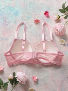 Pink Underwire Molded Cup High Support Embroidered Heart Pattern Lift & Gather Sweet Cute Elegant Ladies Bra