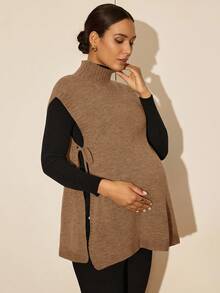 MaterniWear Fall, Maternity Autumn/Winter Solid Color Minimalist Everyday Turtleneck Sweater Vest - Khaki - View 4