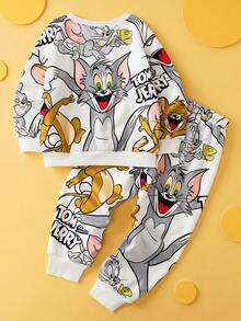 TOM & JERRY X SHEIN 2 件套小男孩卡通全身印花针织宽松圆领套头衫和裤子套装，秋冬