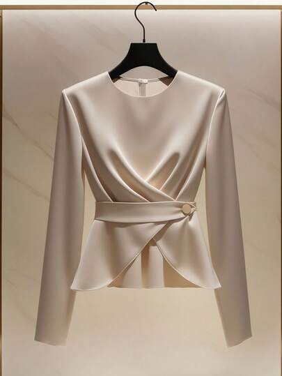 Franclia Elegante e alla moda blusa in raso da donna con bottoni decorativi, camicia a maniche lunghe con collo rotondo di colore albicocca, adatta per uscite e riunioni, autunno/inverno