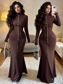 Rafferiza Women's Elegant Pleated Knit Stand Collar Long Dress, Brown, Autumn/Winter - Brown - View 7