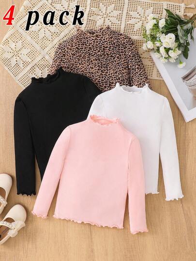 SHEIN 4 Stücke/Set Lässig Basics für Tween-Mädchen, einfarbige gestrickte elastische Langarm Unterhemd Tops, vielseitig einsetzbar, ideal für Lässig & Alltag & Schule im Herbst & Winter, Muss-haben