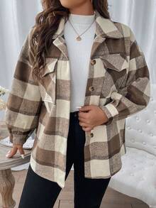 SHEIN LUNE Plus Plaid Flap Pocket Drop Shoulder Coat Fall Winter Cloth For Women Autumn