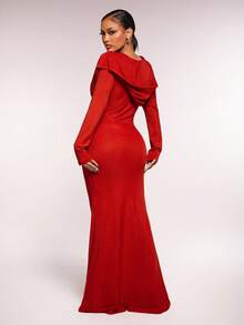 Radiana 女士性感优雅奢华红色连帽垂坠领修身美人鱼连衣裙，超长拖尾晚礼服，长袖连衣裙，高弹闪亮丝绸般面料，修身剪裁，适合约会、聚会、派对、俱乐部、宴会、舞会、圣诞节、除夕夜、节日 - 紅色 - 查看 6
