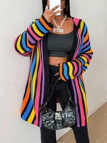 SHEIN CURVE+ 大码女式开衫毛衣，连帽彩色彩虹条纹撞色时尚针织外套 - 黑色 - 查看 2