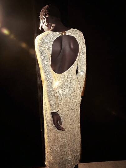 SHEIN Luminelle Women's Fashionable Sexy Sequin Backless Dress Gold Long Dress Glamorous Dress Gold Evening Gown Diamond Dress Bling Dress