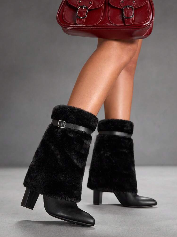 CUCCOO SZL Women's Fashionable Fluffy High Heel Mid-Calf Boots For Christmas Valentine's Day