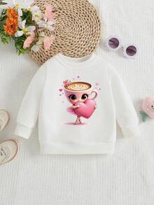Cozy Fall & Winter Styles Toddler Girls Casual Fashion Creative Personalized Refreshing Cute Kawaii Cup Ballet Girl Heart Shaped Pattern Print Relaxed Fit Crew Neck Sweatshirt, Comfortable Outfit