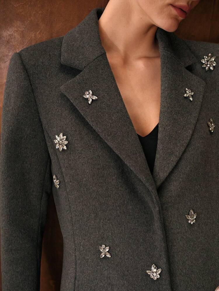 WOOL BLEND ELEGANT PARTY RHINESTONE EMBELLISHED FITTED OVERCOAT, AUTUMN/WINTER
