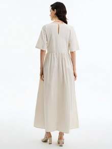 Aalyst Váy ngắn tay thắt lưng bằng cotton tối giản màu trơn dành cho nữ - Màu be - Xem 2