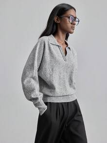 Ontre 女士纯色翻领宽松长袖羊毛混纺针织毛衣，基本款套头针织衫，适合城市通勤、商务休闲、办公室穿着，优雅适合圣诞派对、新年、节日 - 灰色 - 查看 7