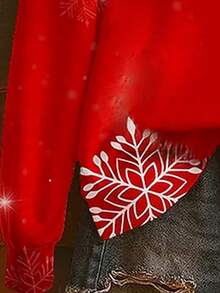 EMERY ROSE 女士流行雪花印花运动衫、女士圣诞牛图案运动衫、圣诞帽图案红色节日运动衫 - 紅色 - 查看 3