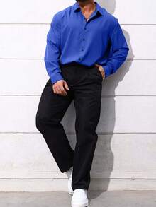 Manfinity Homme Plus Size Men's Solid Color Long Sleeve Single-Breasted Casual/Business Shirt - Royal Blue - View 3