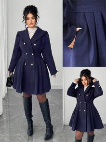 Elenzga 大码女式休闲连帽双排扣A字长袖外套，适合毕业典礼、节日、情人节、圣诞节、音乐节、母亲节、万圣节、感恩节、复活节、国庆节、舞会、约会、派对、婚礼、户外活动、秋冬季穿着。 - 藏蓝色 - 查看 3