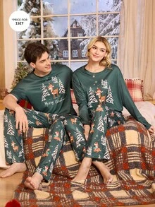 CoupledUp Christmas Theme Print Men Casual Short Sleeve Pajama Set - Green - View 4