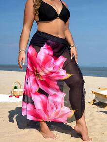 Swim Lushoire Ensemble de maillot de bain et robe de plage à imprimé floral noir grande taille, élégant - Noir - Voir 4