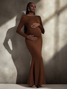 Cheriluna Maternity Solid Color Backless Pearl Decor Maxi Mermaid Hem Long Sleeve Tight Maternity Photoshoot Dress