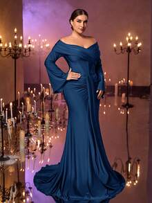 Glamrae Váy dạ hội trang trọng hở vai tay loe cổ bèo nhún màu nâu lãng mạn thanh lịch cỡ lớn có đuôi váy đuôi cá ôm sát - Màu xanh hải quân - Xem 7