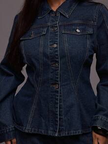 MUSERA Plus Contrast Stitch Cinched Waist Button Through Denim Jacket Autumn Winter Everyday Casual Cool Girl Streetwear Uncut - Blue - View 6