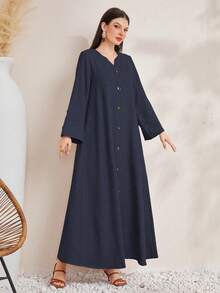 Al Najma Women's V-Neck Raglan Flare Sleeve Loose Front Button Abayas - Navy Blue - View 6