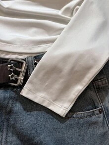 Attitoon Women's Casual Fashion, College Style Badge & Number 23 Print Turndown Collar Long Sleeve T-Shirt, Tight Fit Autumn/Winter Undershirt, White Top, White T-Shirt