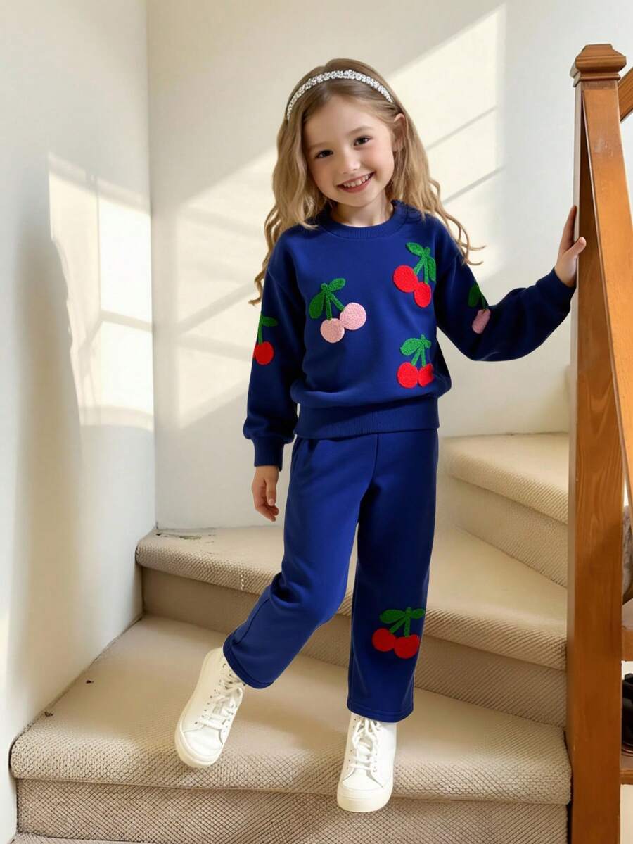 Elladie kids Girls' Blue Knitted Cherry Pattern Sweatshirt Co-Ords For A Playful And Stylish Look Fall Winter - Blue - View 1
