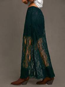 Siren Gaze 女士性感野花蕾丝拼接轻盈透气长款夏季半身裙 - 墨綠色 - 查看 5