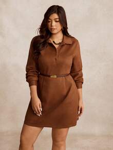 SHEIN LUNE Plus Size Women's Brown Suede Dress, Western Cowgirl Style Shirt Collar Long Sleeve Short Casual Straight Dress - Brown - View 6