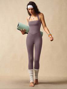 VARSIVA Women's Casual Sports Solid Color Halter Backless Jumpsuit - Dusty Purple - View 5