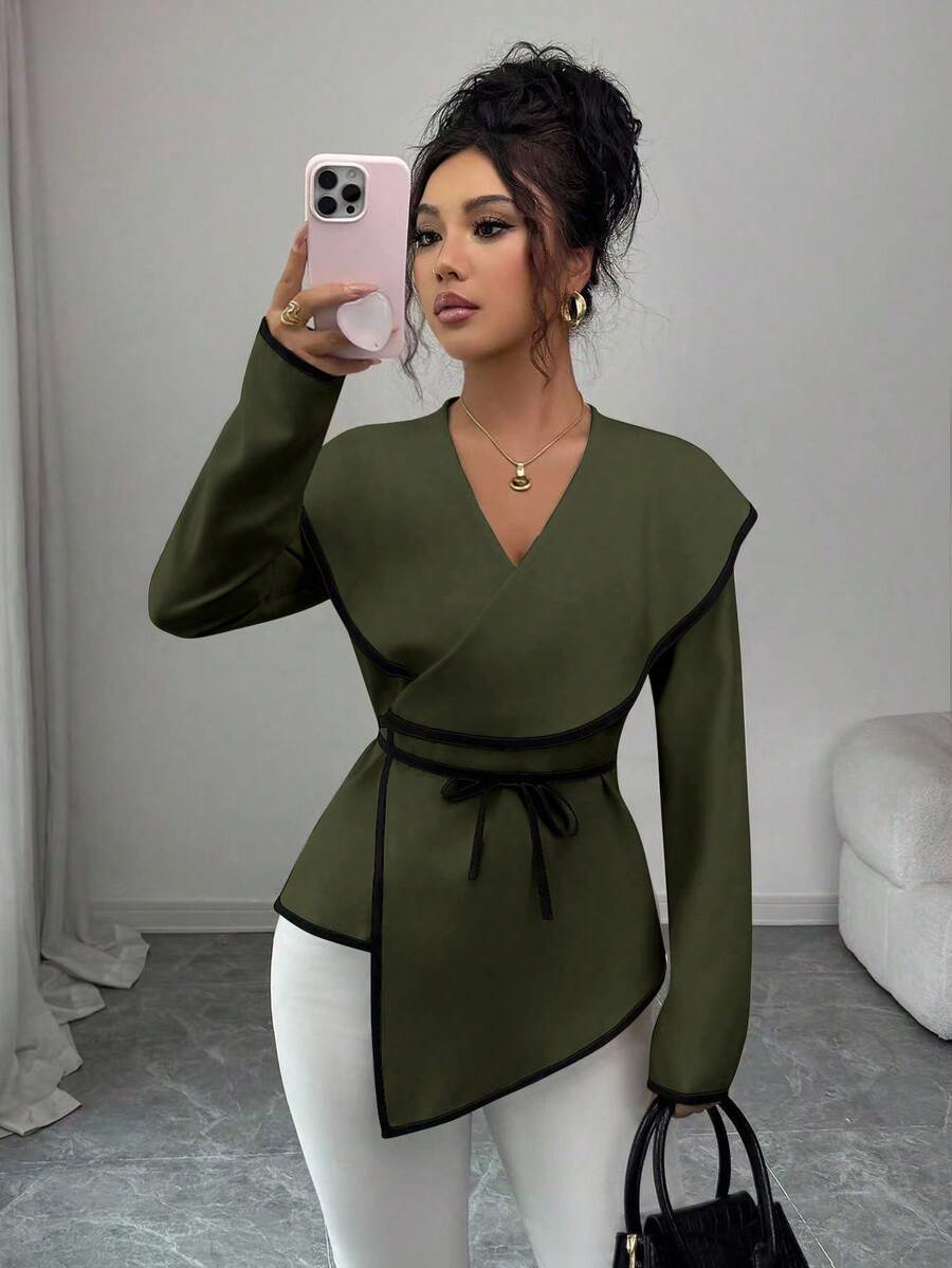 SHEIN Elenzya 女式交叉V领长袖修身收腰撞色拼接优雅衬衫 - 軍綠色 - 查看 1