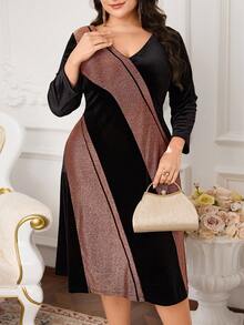 Modelyn Plus Size Elegant Color Block Party Dress - Black - View 4