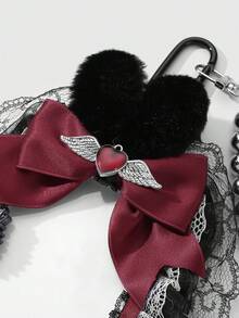 ROMWE Anime 1pc Y2K Goth Style Handmade Beaded Necklace With Silver CCB, Black & White Lace, Faux Fur, Red Ribbon Bow, Acrylic Wings, Liquid Chain, Leather Letters, Heart, White Acrylic Card Holder, Suitable For Students, Idol Fans, Women, Daily Wear, Holiday Gift - Black red - View 10
