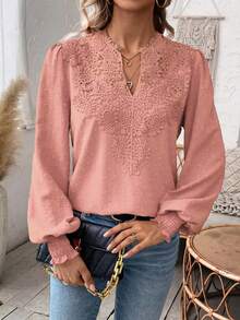 EMERY ROSE 女式纯色 V 领插肩长袖蕾丝拼布灯笼袖休闲宽松衬衫 - 粉色 - 查看 5