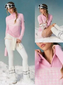 GLOWMODE Skiing Collection Snowbound Soft Warm Cozy Houndstooth Jacquard High Neck Quarter-Zip Fitted Sweater Autumn Winter Outdoors Skiing Wear