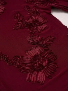 SHEIN Clasi 女式提花立领网眼长袖优雅连衣裙 - 酒紅色 - 查看 4