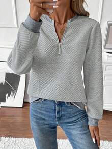 EMERY ROSE Áo nỉ nữ mùa thu, cổ chữ V, tay dài, vai thường, phối gân, trang trí khóa kéo, chất liệu vải dệt họa tiết. - Xám - Xem 3