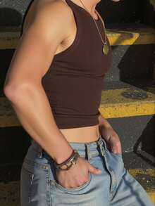 Manfinity Dauomo Men's Summer Casual Solid Color Tank Top - Chocolate Brown - View 3