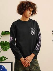 Open Phase 男士休闲运动条纹图案印花套头卫衣，宽松版型，黑色，春夏款 - 黑色 - 查看 1