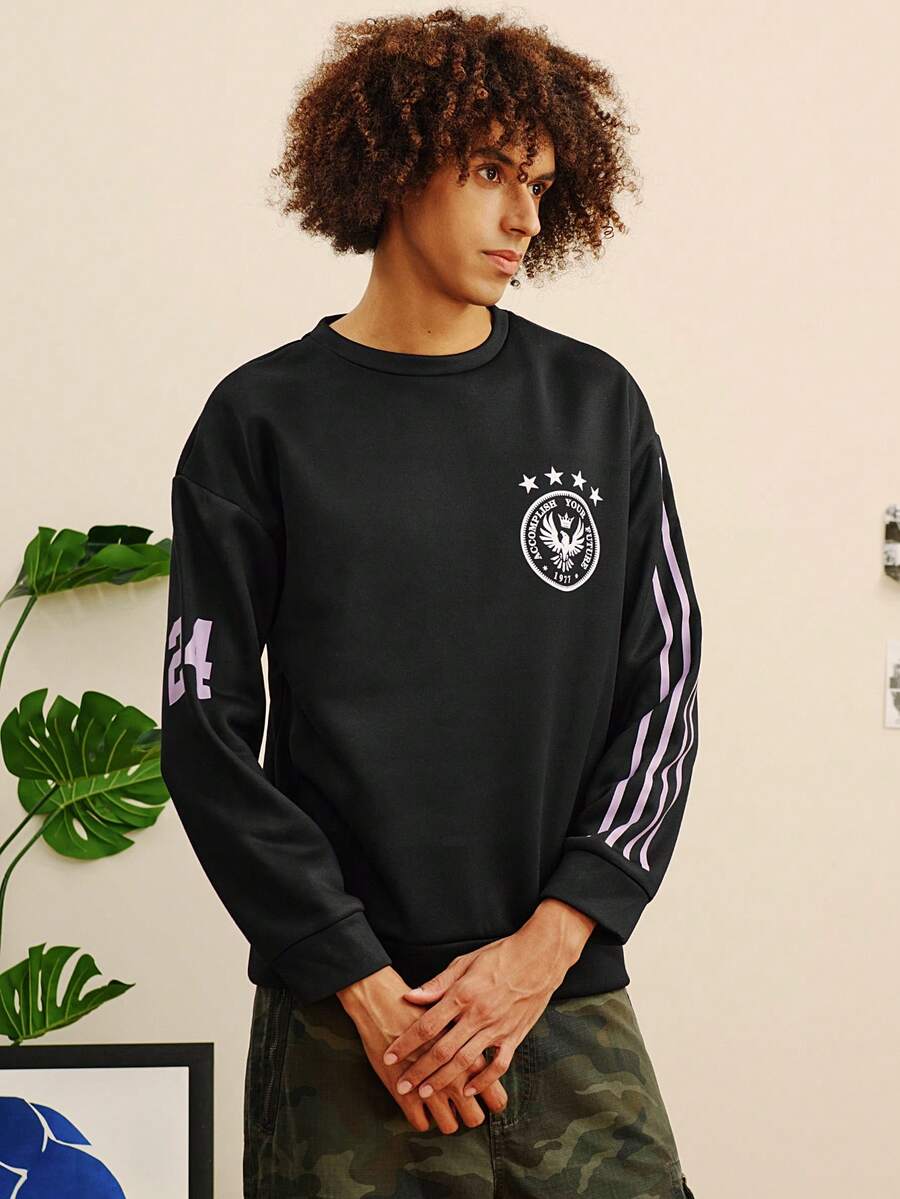 Open Phase 男士休闲运动条纹图案印花套头卫衣，宽松版型，黑色，春夏款 - 黑色 - 查看 1