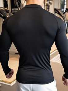 Manfinity Sport PWRUP Men's Barbell Print Raglan Long Sleeve Zip-Up Half Placket Slim Fit Athletic T-Shirt Gym Tops Men Mens Compression Tops Tight Gym Shirt Turtle Neck Compression Shirt Gym Long Sleeve Tops