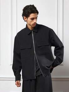 SUMWON 修身现代街头风拉链衬衫外套和阔腿裤套装，休闲时尚秋冬两件套纯色 - 黑色 - 查看 3