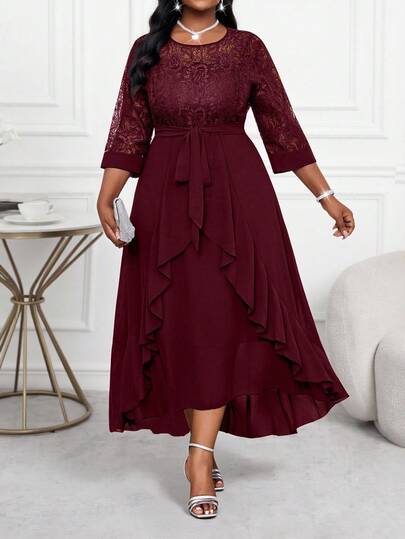 SHEIN Lady Plus Size Dam Business Professionell Blå Hålärmad Spetssömmar Volang Layered Midiklänning Lärarkläder Lärarklänning Höstklänningar Spetsklänningar Fyra Säsonger