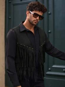 Manfinity NXTstreet 男士麂皮夹克，铆钉装饰，流苏衬衫，男士黑色长袖棉质衬衫，波西米亚风男士西部风冬季装扮 - 黑色 - 查看 7